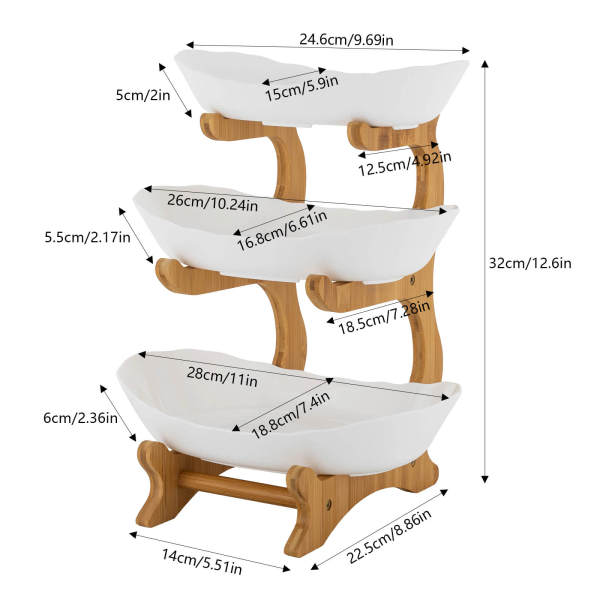White 3-Tier Serving Bowls with Stand, Snack Dessert Cake Tray Plate Rack for Party Wedding, Fruit Bowl with Bamboo Wood Stand