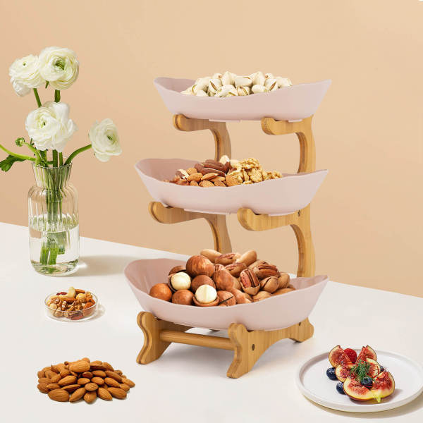 Beige 3-Tier Serving Bowls with Stand, Snack Dessert Cake Tray Plate Rack for Party Wedding, Fruit Bowl with Bamboo Wood Stand