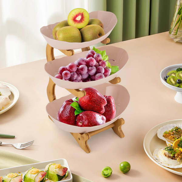 Beige 3-Tier Serving Bowls with Stand, Snack Dessert Cake Tray Plate Rack for Party Wedding, Fruit Bowl with Bamboo Wood Stand Beige 3-Tier Serving Bowls with Stand, Snack Dessert Cake Tray Plate Rack for Party Wedding, Fruit Bowl with Bamboo Wood Stand