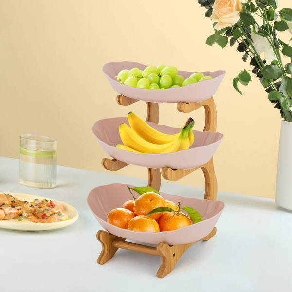 Beige 3-Tier Serving Bowls with Stand, Snack Dessert Cake Tray Plate Rack for Party Wedding, Fruit Bowl with Bamboo Wood Stand Beige 3-Tier Serving Bowls with Stand, Snack Dessert Cake Tray Plate Rack for Party Wedding, Fruit Bowl with Bamboo Wood Stand