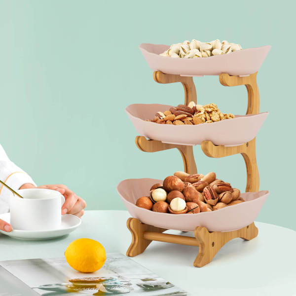 Beige 3-Tier Serving Bowls with Stand, Snack Dessert Cake Tray Plate Rack for Party Wedding, Fruit Bowl with Bamboo Wood Stand