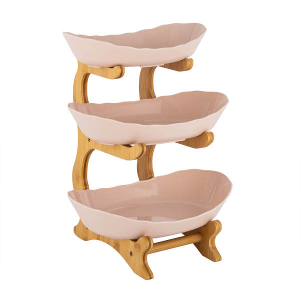 Beige 3-Tier Serving Bowls with Stand, Snack Dessert Cake Tray Plate Rack for Party Wedding, Fruit Bowl with Bamboo Wood Stand