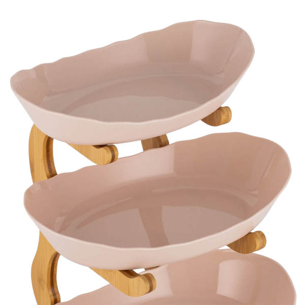 Beige 3-Tier Serving Bowls with Stand, Snack Dessert Cake Tray Plate Rack for Party Wedding, Fruit Bowl with Bamboo Wood Stand