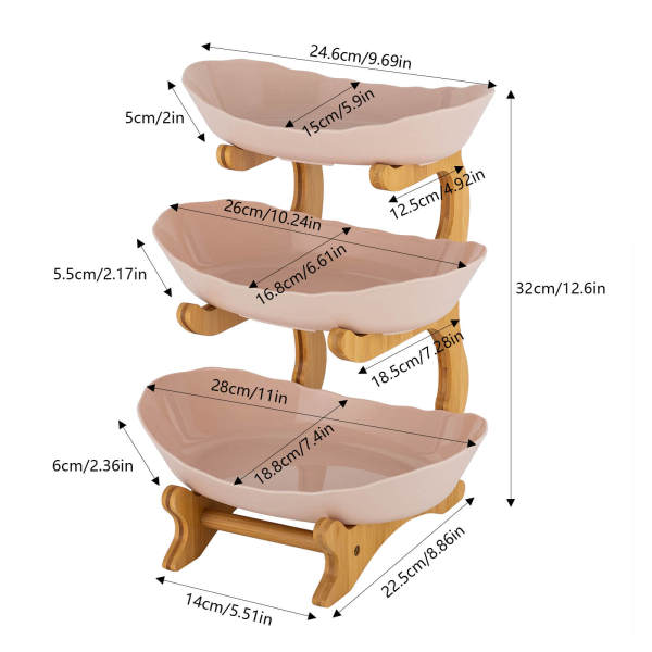 Beige 3-Tier Serving Bowls with Stand, Snack Dessert Cake Tray Plate Rack for Party Wedding, Fruit Bowl with Bamboo Wood Stand