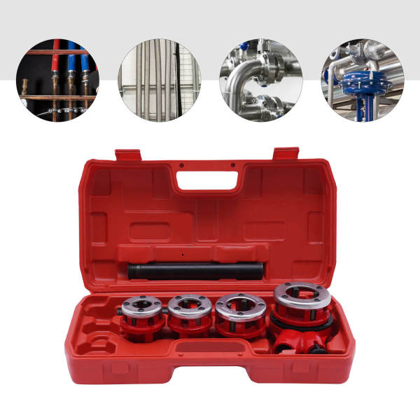 Manual Pipe Threader Tool Kit w/ 4 Dies Set + Ratchet Handle + Case 4 Dies Pipe Threading Kits 1/2" 3/4" 1" 1-1/4"