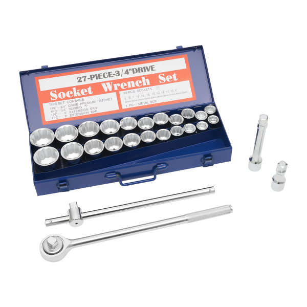 27-piece 3/4'' Wrench Socket Set Drive Wrench Socket Set Drive Socket Set  Made of 45# Carbon Steel T-shaped Sliding Handle for Handymen Mechanics