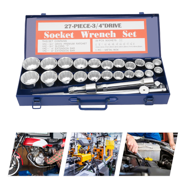 27-piece 3/4'' Wrench Socket Set Drive Wrench Socket Set Drive Socket Set  Made of 45# Carbon Steel T-shaped Sliding Handle for Handymen Mechanics