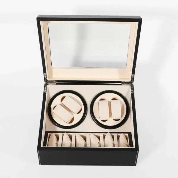 4+6 Automatic Watch Display Box Storage Case Black Smooth Opening Hinged Lid Clear Viewing Window
