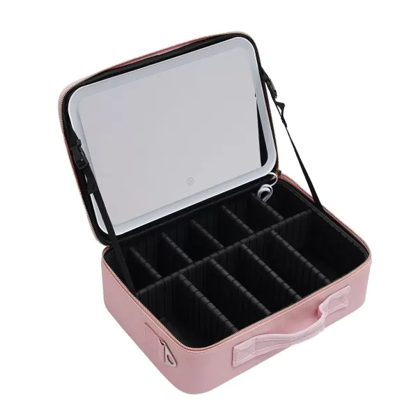 Makeup Train Case with Large Lighted Mirror 3 Color Scenarios Adjustable Brightness Large Cosmetic Organizer Storage Adjustable Dividers  Pink