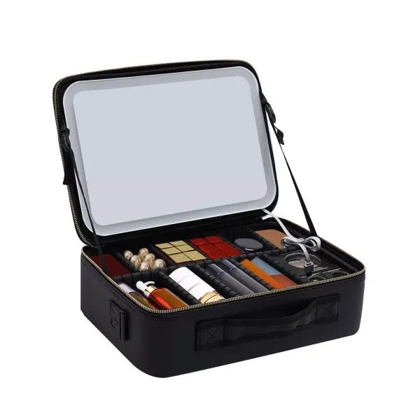 Makeup Train Case with Large Lighted Mirror 3 Color Scenarios Adjustable Brightness Large Cosmetic Organizer Storage Adjustable Dividers Black Makeup Train Case with Large Lighted Mirror 3 Color Scenarios Adjustable Brightness Large Cosmetic Organizer Storage Adjustable Dividers Black