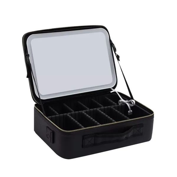 Makeup Train Case with Large Lighted Mirror 3 Color Scenarios Adjustable Brightness Large Cosmetic Organizer Storage Adjustable Dividers Black Makeup Train Case with Large Lighted Mirror 3 Color Scenarios Adjustable Brightness Large Cosmetic Organizer Storage Adjustable Dividers Black