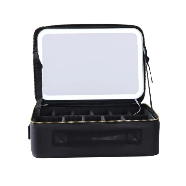 Makeup Train Case with Large Lighted Mirror 3 Color Scenarios Adjustable Brightness Large Cosmetic Organizer Storage Adjustable Dividers Black