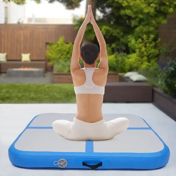 100*100cm Air Track Mat Gymnastics Tumbling Exercise Inflatable Mat with Pump（Blue）