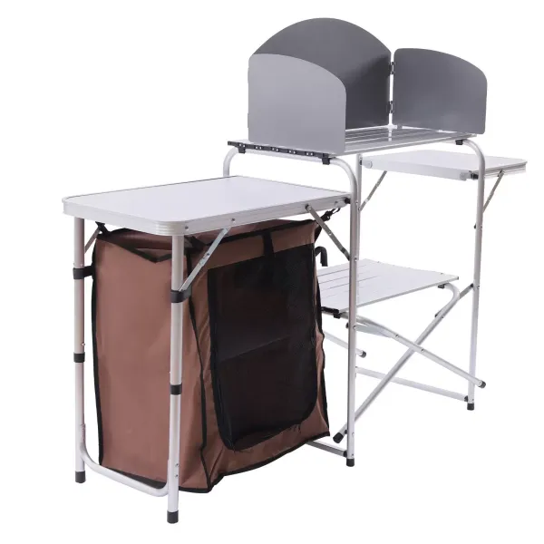 Camping Cupboard Foldable Kitchen Station Cook Table +Carrying Bag Folding Table（Brown）