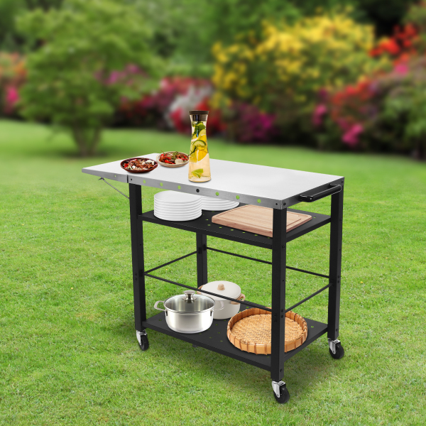 31.5*19.7*32.7in Grill Cart Table Grill Cart Table with Foldable Side Table Cooking Prep Table with Wheels for Camping Lawn Patio Scenarios