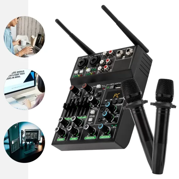 4-channel Sound Mixer 4 Channels Compact Studio Mixer USB Audio Wireless Microphone